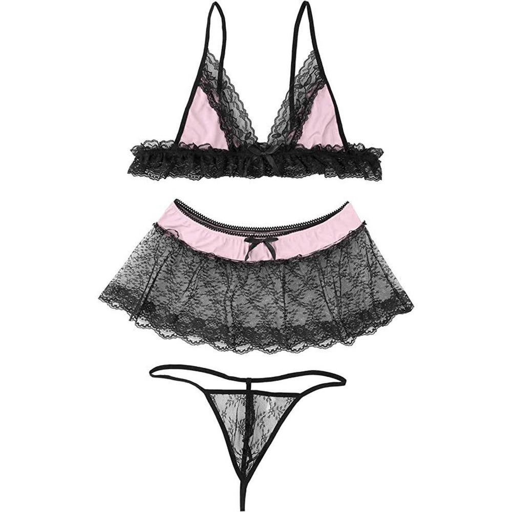 Men‘s Lingerie Set Lace Neck Skirted Thong Briefs+Deep V Bra Top Sissy Nightwear